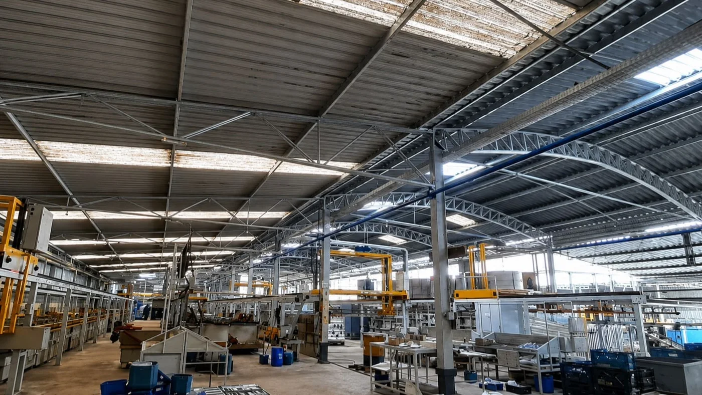 Interior da fábrica da Artec Galvanotécnica, com estrutura metálica e equipamentos de produção.